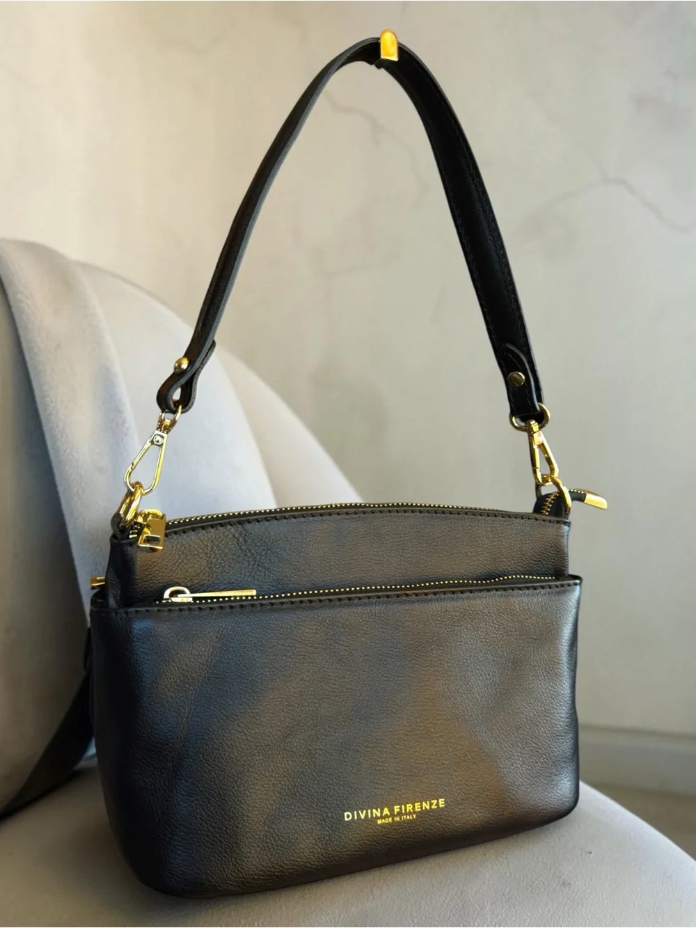 Divina Firenze Lilla Triple-Zip Black Italian Pebbled Leather Shoulder Bag.